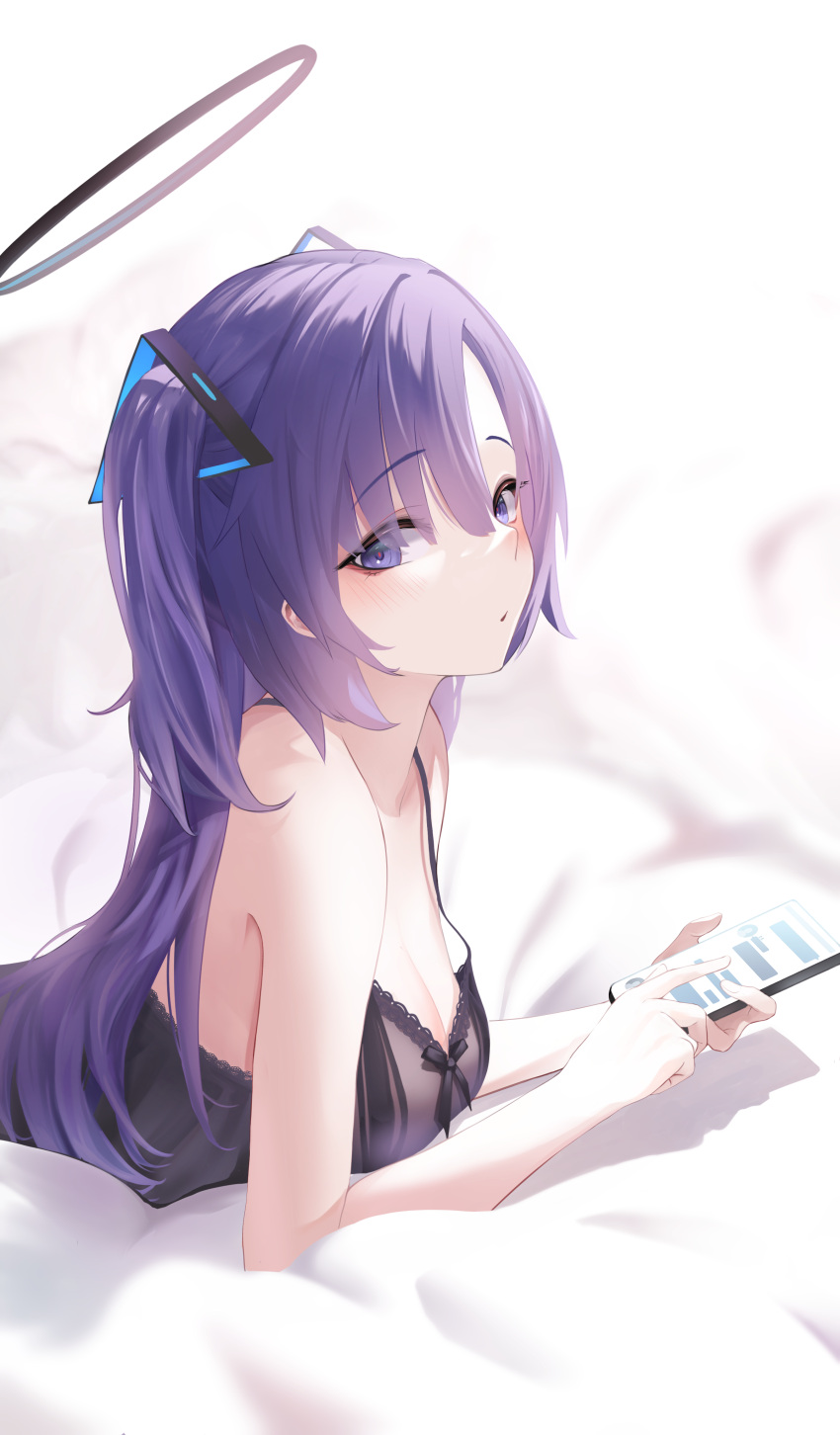 1girl absurdres amondo babydoll black_halo black_ribbon blue_archive blush breasts cellphone cleavage from_side hair_ornament halo highres holding holding_phone lace-trimmed_babydoll lace_trim lingerie long_hair looking_at_viewer looking_to_the_side lying mechanical_halo medium_breasts on_bed on_stomach phone purple_eyes purple_hair ribbon smartphone solo two_side_up underwear yuuka_(blue_archive)