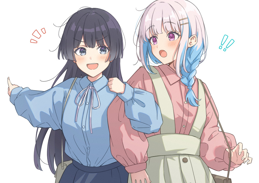 ! !! 2girls :d :o absurdres arms_at_sides bag black_hair black_skirt blue_hair blue_shirt blush buttons collared_shirt cowboy_shot dot_nose ene_mizunoawa grey_eyes grey_skirt hair_ornament hair_over_shoulder hairclip handbag high-waist_skirt highres index_finger_raised lize_helesta locked_arms long_hair looking_at_another low-braided_long_hair low-tied_long_hair multiple_girls neck_ribbon nijisanji notice_lines open_mouth outstretched_arm pink_eyes pink_shirt pointing ribbon shirt shirt_tucked_in sidelocks sideways_glance simple_background skirt smile straight_hair suspender_skirt suspenders tsukino_mito v-shaped_eyebrows virtual_youtuber white_background white_hair white_ribbon yuri