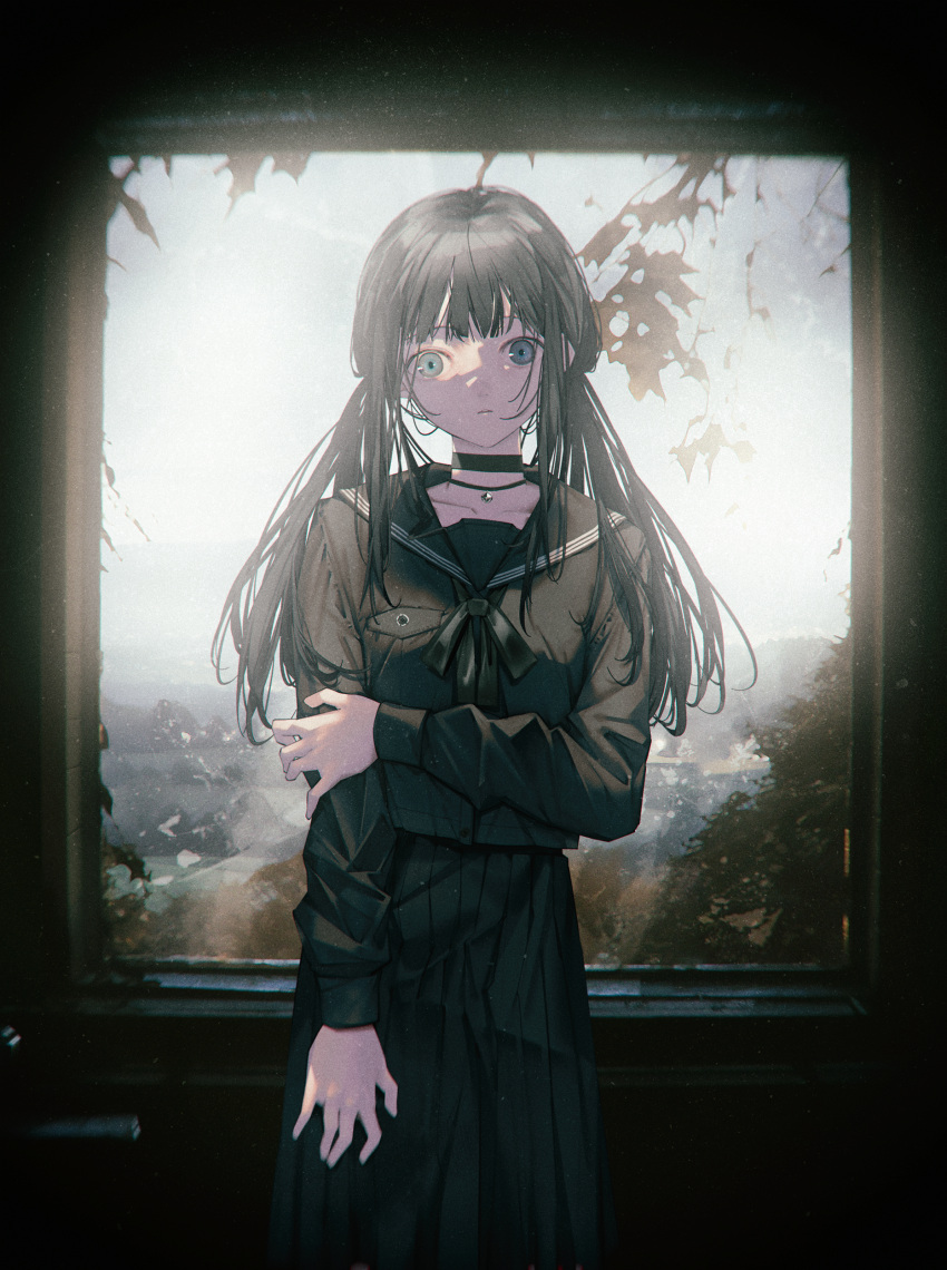 1girl absurdres backlighting black_choker black_hair black_sailor_collar black_serafuku black_shirt black_skirt blue_eyes blunt_bangs branch choker closed_mouth collarbone grey_eyes highres holding_own_arm leaf long_hair long_sleeves looking_at_viewer original pleated_skirt sailor_collar school_uniform serafuku shiomi_(lowrise) shirt skirt sky solo standing staring twintails