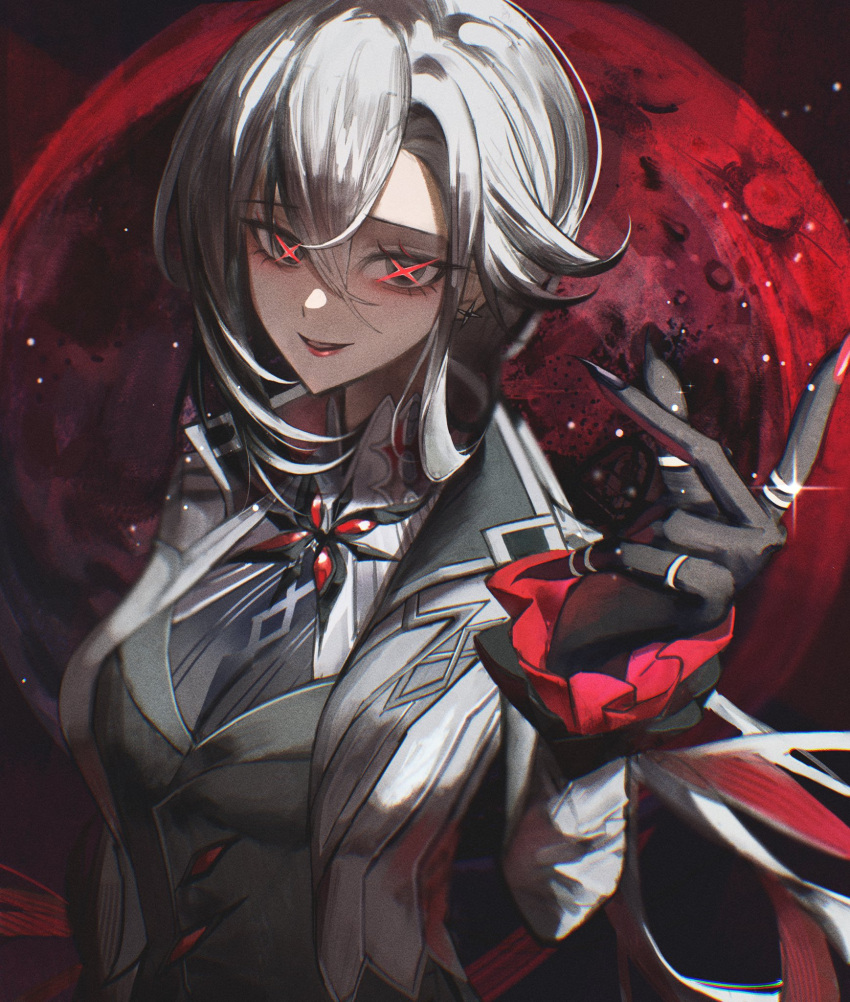 1girl :d arlecchino_(genshin_impact) arubi_222 black_eyes coat commentary genshin_impact grey_coat grey_hair grey_shirt hand_up highres long_hair long_sleeves looking_at_viewer nail_polish open_mouth red_nails shirt smile solo upper_body very_long_hair