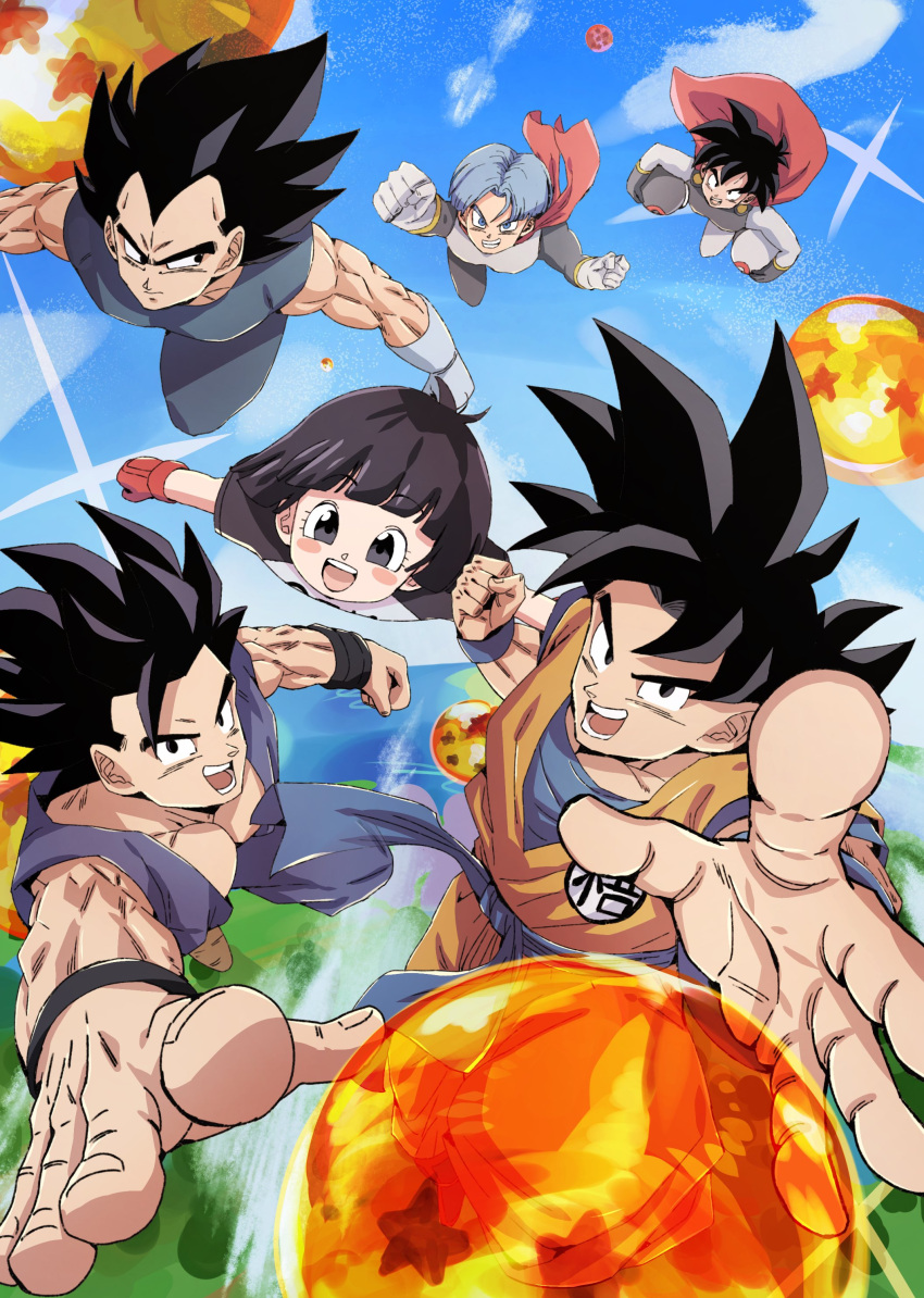 1girl 5boys absurdres black_bodysuit black_eyes black_hair black_helmet blue_eyes blue_hair blue_pants blue_sash blue_shirt blue_undershirt blush_stickers bob_cut bodysuit brothers cape chiro_illust dougi dragon_ball dragon_ball_(object) dragon_ball_super dragon_ball_super_broly father_and_daughter father_and_son flying helmet highres holding holding_helmet looking_at_viewer looking_back medium_hair midair multiple_boys muscular muscular_male orange_pants orange_shirt pan_(dragon_ball) pants purple_shirt red_cape red_scarf sash scarf shirt short_hair siblings sleeveless sleeveless_shirt son_gohan son_goku son_goten vegeta white_bodysuit white_helmet