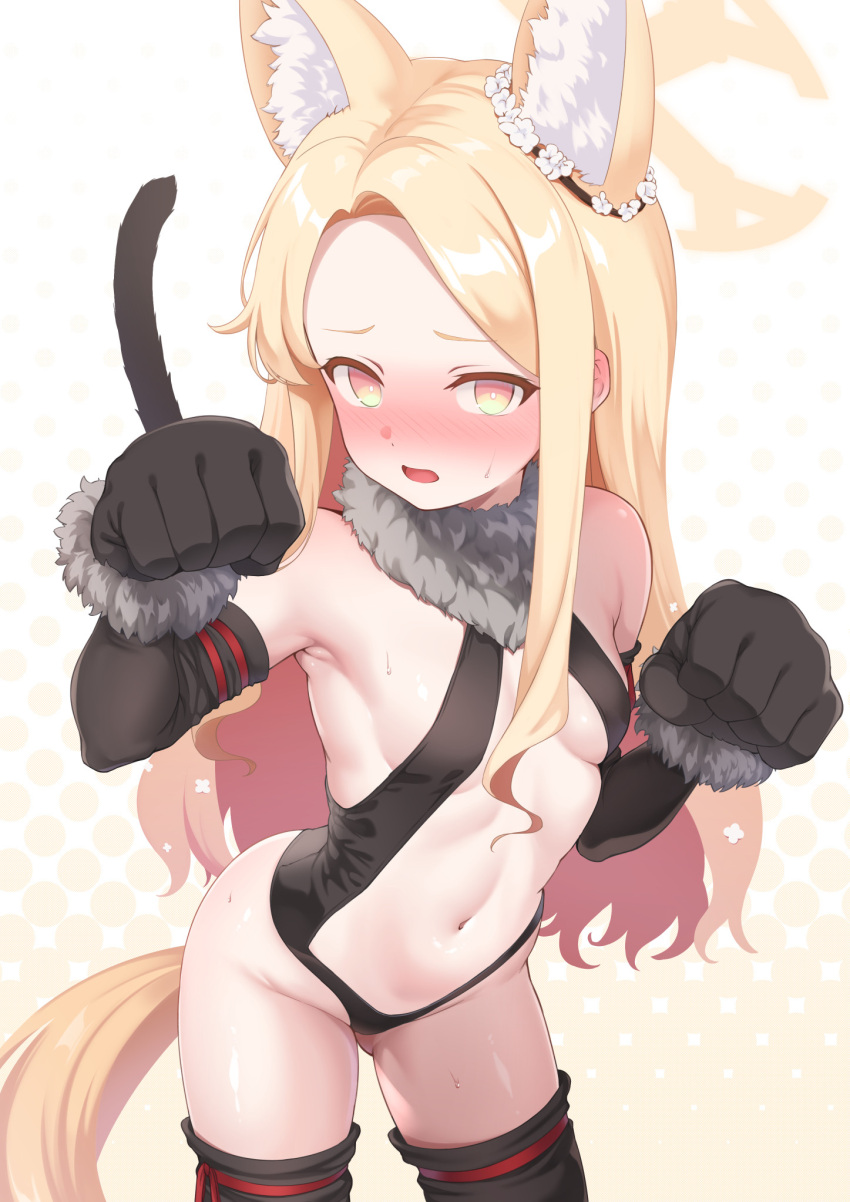 1girl animal_ear_fluff animal_ears animal_hands armpits arms_up ass_visible_through_thighs black_gloves black_leotard black_thighhighs blonde_hair blue_archive blue_hair breasts cat_tail center_opening clenched_hands cosplay elbow_gloves embarrassed fake_tail fate/kaleid_liner_prisma_illya fate_(series) forehead fox_ears fox_girl fox_tail fur_trim gloves groin halo highleg highleg_leotard highres illyasviel_von_einzbern illyasviel_von_einzbern_(beast_style) illyasviel_von_einzbern_(beast_style)_(cosplay) illyasviel_von_einzbern_(cosplay) leaning_forward leotard long_hair navel open_mouth paw_gloves paw_pose seia_(blue_archive) small_breasts solo sonao stomach tail thighhighs thighs yellow_eyes