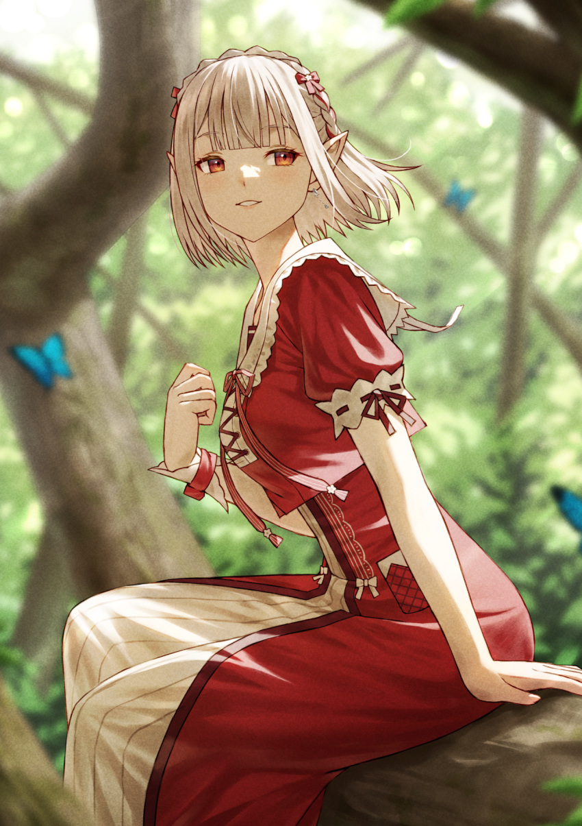 1girl blonde_hair blue_butterfly bug butterfly dress elf elu_(nijisanji) fagi_(kakikaki) forest frilled_dress frilled_headband frills hand_up highres looking_to_the_side multicolored_clothes nature nijisanji open_mouth outdoors pointy_ears puffy_short_sleeves puffy_sleeves red_eyes red_ribbon ribbon short_hair short_sleeves sitting solo two-tone_dress