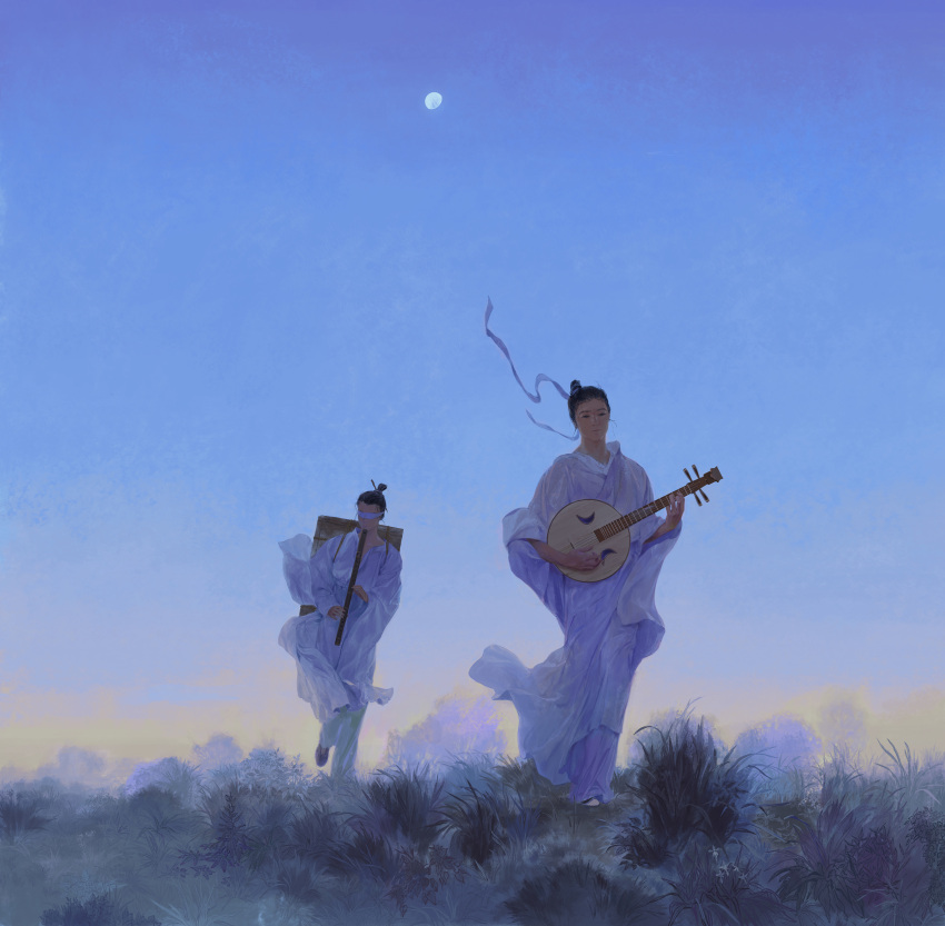 2boys absurdres black_hair blindfold chinese_clothes flute grass hair_bun hanfu highres holding holding_flute holding_instrument instrument long_sleeves lute_(instrument) male_focus merasgar moon multiple_boys multiple_girls music original outdoors playing_instrument realistic ribbon short_hair single_hair_bun sitting sky standing sword topknot walking weapon