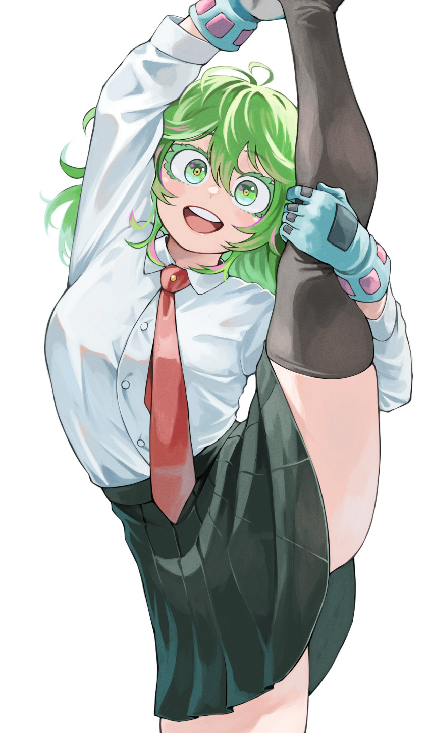 1girl :d absurdres arm_up black_skirt black_thighhighs blue_gloves boku_no_hero_academia commentary_request fengling_(furin-jp) gloves green_eyes green_hair grey_thighhighs hagakure_tooru hand_up highres leg_up long_hair looking_at_viewer miniskirt necktie open_mouth pleated_skirt red_necktie simple_background skirt smile solo split standing standing_on_one_leg standing_split teeth thighhighs upper_teeth_only white_background