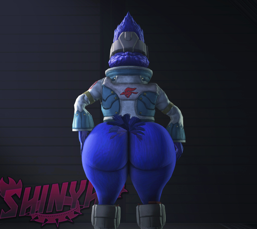 18+_adults_only_sign 3d_(artwork) avian big_butt bird blue_body blue_fur butt butt_pose clothing digital_media_(artwork) falco_lombardi fur hi_res humanoid male male/male nintendo nude pose shinyagaia shoes_on solo source_filmmaker space spacecraft star_fox thick_thighs vehicle