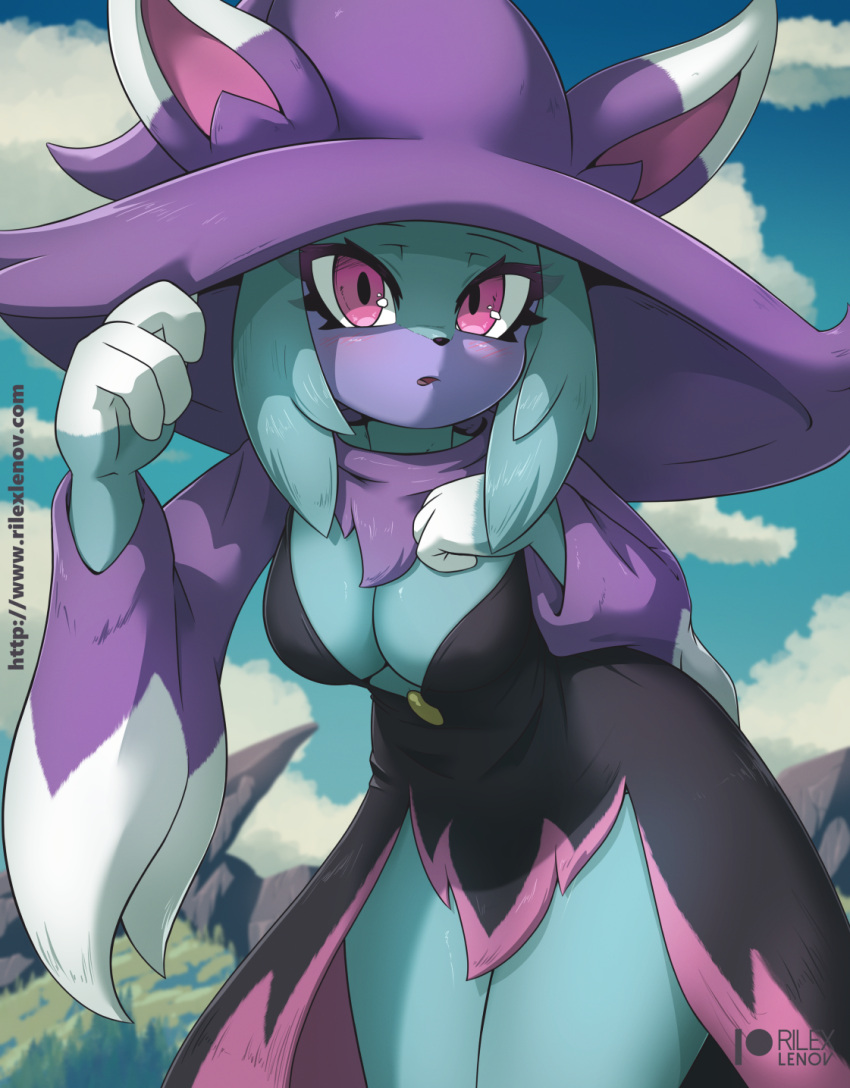 anthro blue_body blue_fur breasts clothed clothing felid feline female fur hat headgear headwear hi_res katress looking_at_viewer mammal pal_(species) palworld pocketpair rilex_lenov solo witch_hat