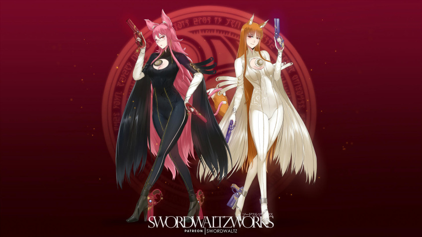2girls alternate_costume animal_ear_fluff animal_ears bayonetta bayonetta_(series) black_bodysuit blazblue bodysuit breasts brown_hair cameltoe cleavage_cutout clothing_cutout commission cosplay covered_navel dual_wielding full_body glasses gloves gun high_heels highres holding holding_gun holding_weapon holo kokonoe_(blazblue) large_breasts light_blush long_hair multiple_girls pink_hair red_background red_eyes skin_tight spice_and_wolf swordwaltz tail thighs very_long_hair weapon white_bodysuit white_gloves wide_sleeves wolf_ears wolf_girl wolf_tail