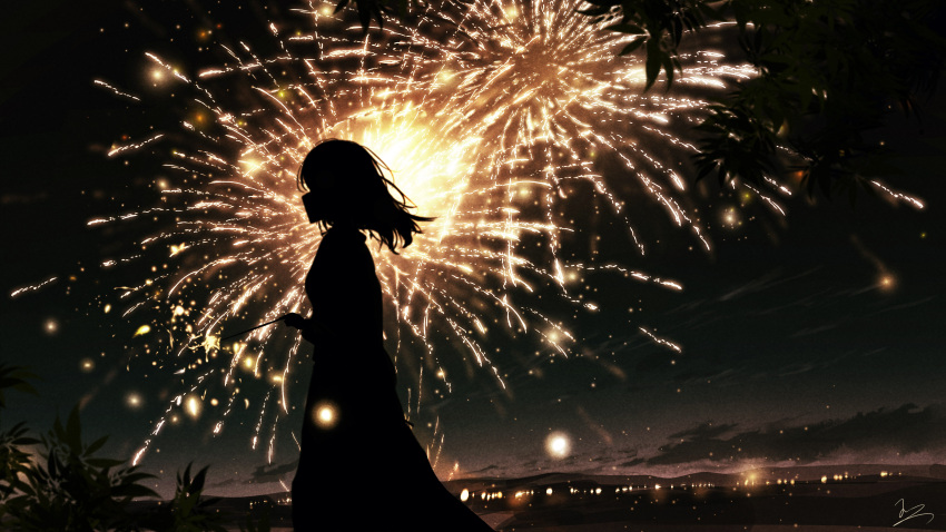 1girl absurdres city_lights cloud dark feet_out_of_frame fireworks floating_hair from_side highres holding_fireworks long_hair mountainous_horizon night night_sky original outdoors plant profile scenery signature silhouette sky skyrick9413 solo sparkler