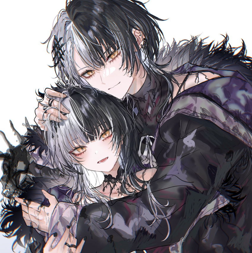 1girl asano_(kazusasn) black_choker black_dress black_hair black_nails breasts choker cleavage dress dual_persona fur_trim genderswap genderswap_(ftm) grey_hair hair_ornament highres hololive hololive_english long_hair looking_at_viewer multicolored_hair open_mouth shiori_novella smile solo split-color_hair two-tone_hair virtual_youtuber yellow_eyes