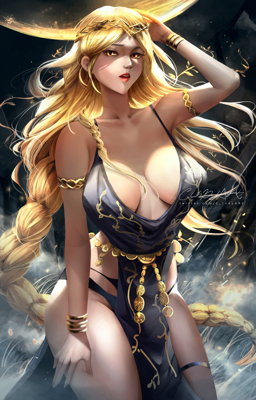 1girl absurdres armlet black_dress black_panties blonde_hair braid braided_ponytail breasts breasts_apart cindy_(cindyart) dress elden_ring gold_belt gold_bracelet gold_circlet highres large_breasts lips long_hair looking_at_viewer no_bra panties parted_lips pelvic_curtain queen_marika_the_eternal solo underwear yellow_eyes