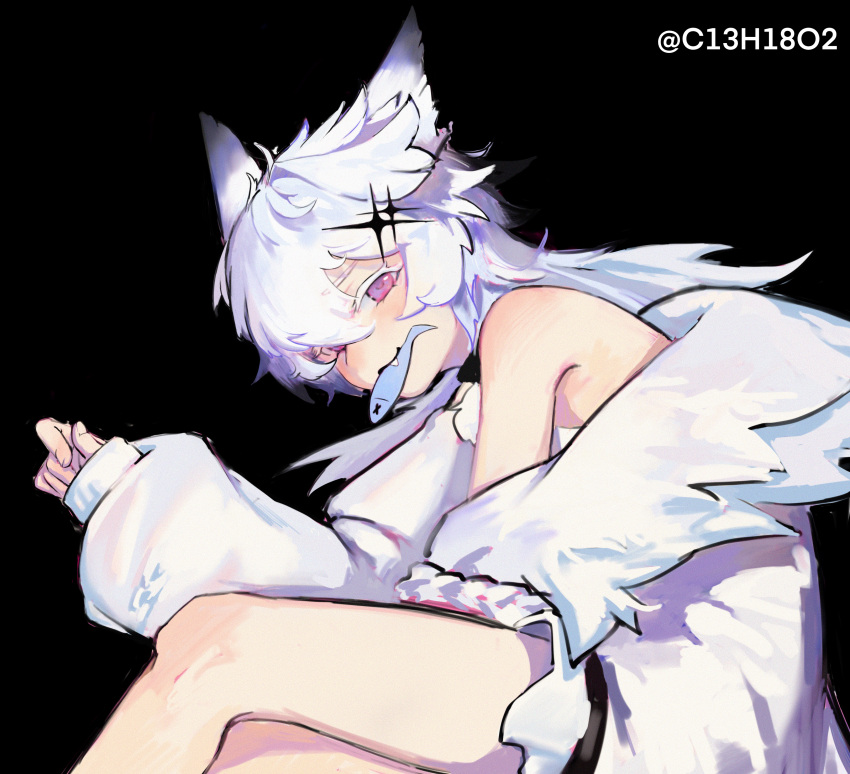 1girl absurdres alchemy_stars animal_ears black_background cat_ears cat_girl coat dress fang feet_out_of_frame fish_in_mouth flat_chest hair_between_eyes hair_ornament hair_over_one_eye highres lime_galaxy long_hair looking_at_viewer philyshy_(alchemy_stars) pink_eyes signature simple_background solo white_coat white_dress white_hair yumi_(alchemy_stars)