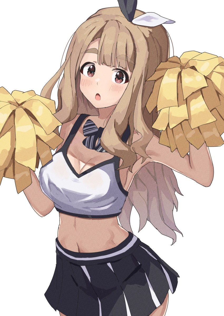 1girl black_skirt blunt_bangs blush bow bowtie breasts brown_eyes brown_hair cheerleader chestnut_mouth cowboy_shot dot_nose ebifu forehead hair_ribbon highres idolmaster idolmaster_million_live! idolmaster_million_live!_theater_days large_breasts long_hair looking_at_viewer miyao_miya navel parted_bangs pleated_skirt pom_pom_(cheerleading) ribbon skirt solo tank_top thick_eyebrows very_long_hair wavy_hair white_tank_top