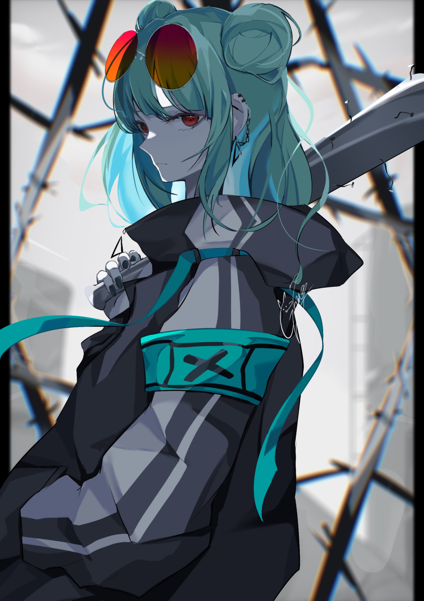 1girl absurdres baseball_bat black_jacket double_bun earrings expressionless eyewear_on_head fingernails goma_irasuto green_hair hair_bun highres jacket jewelry long_hair nail_polish original red_eyes solo sunglasses