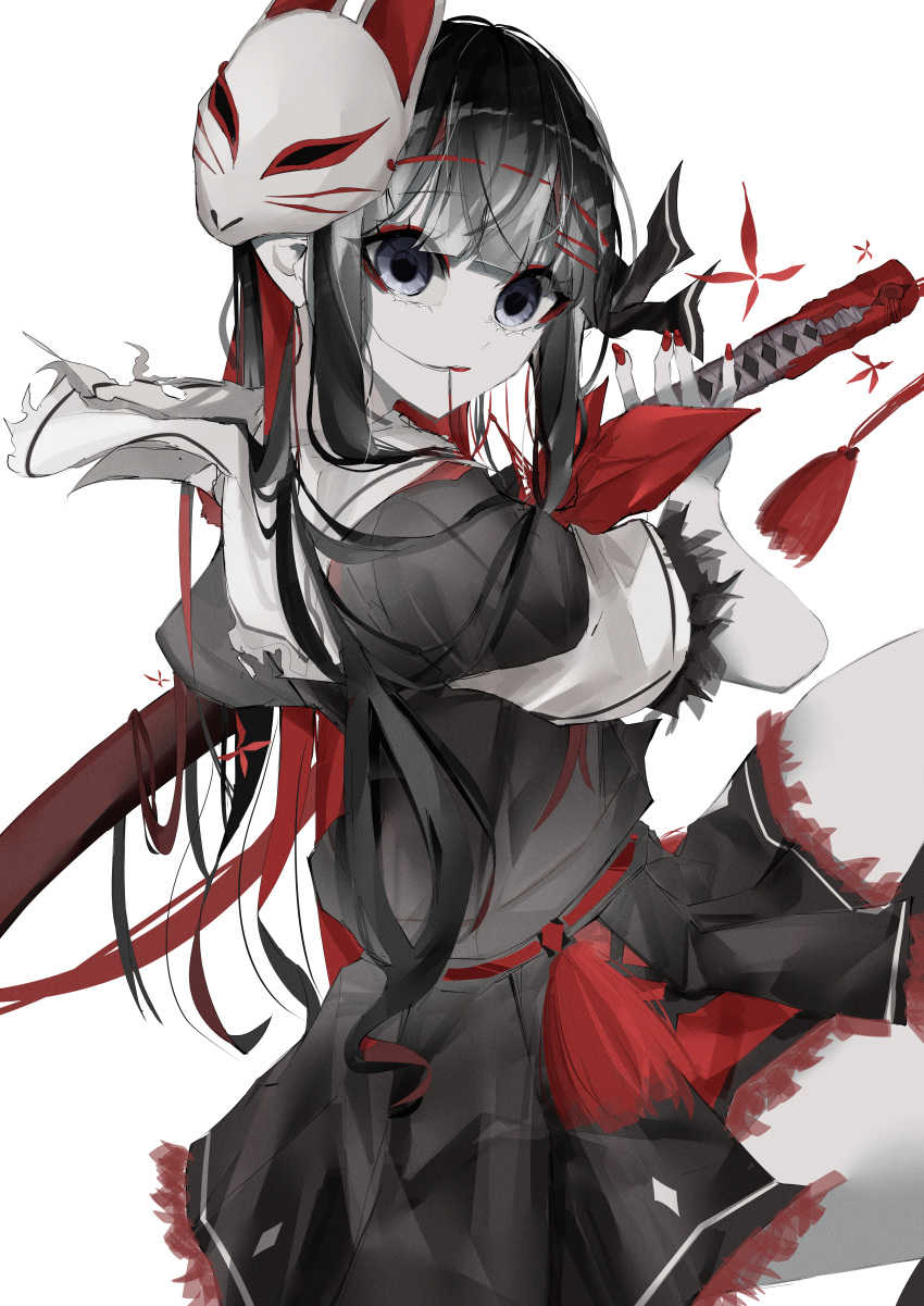 1girl absurdres black_hair black_serafuku black_shirt black_skirt blunt_bangs bug butterfly fox_mask grey_eyes hair_in_own_mouth hair_ornament highres holding holding_sword holding_weapon kagerou_4253 katana long_hair looking_at_viewer mask mask_on_head multicolored_hair nail_polish original pale_skin pleated_skirt red_hair red_nails sailor_collar school_uniform serafuku sheath sheathed shirt short_sleeves simple_background skirt solo sword thighs weapon white_background