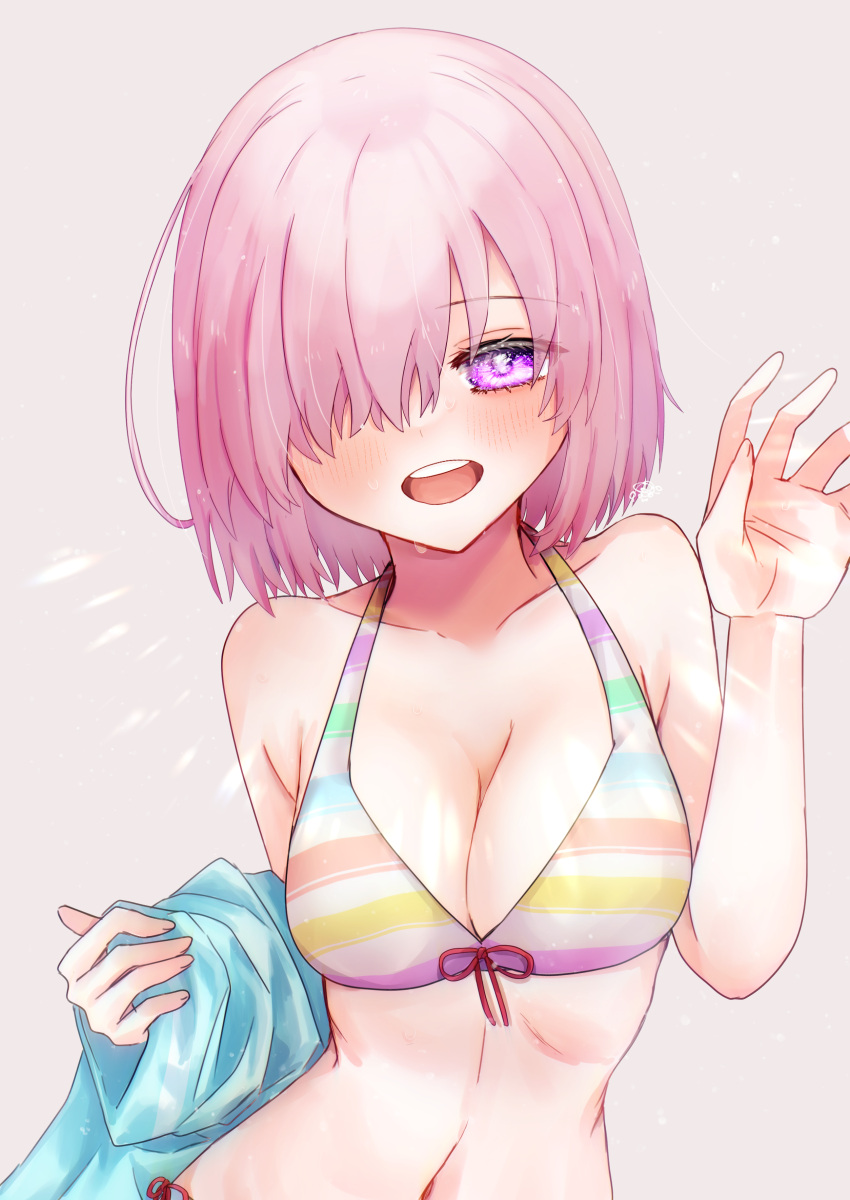 1girl :d absurdres bare_arms bikini bikini_top_only blush collarbone commentary_request fate/grand_order fate_(series) front-tie_bikini_top front-tie_top grey_background hair_over_one_eye halterneck harukappa highres long_hair looking_at_viewer mash_kyrielight multicolored_bikini multicolored_clothes navel pink_eyes pink_hair red_ribbon ribbon smile solo straight_hair striped_bikini striped_clothes swimsuit upper_body