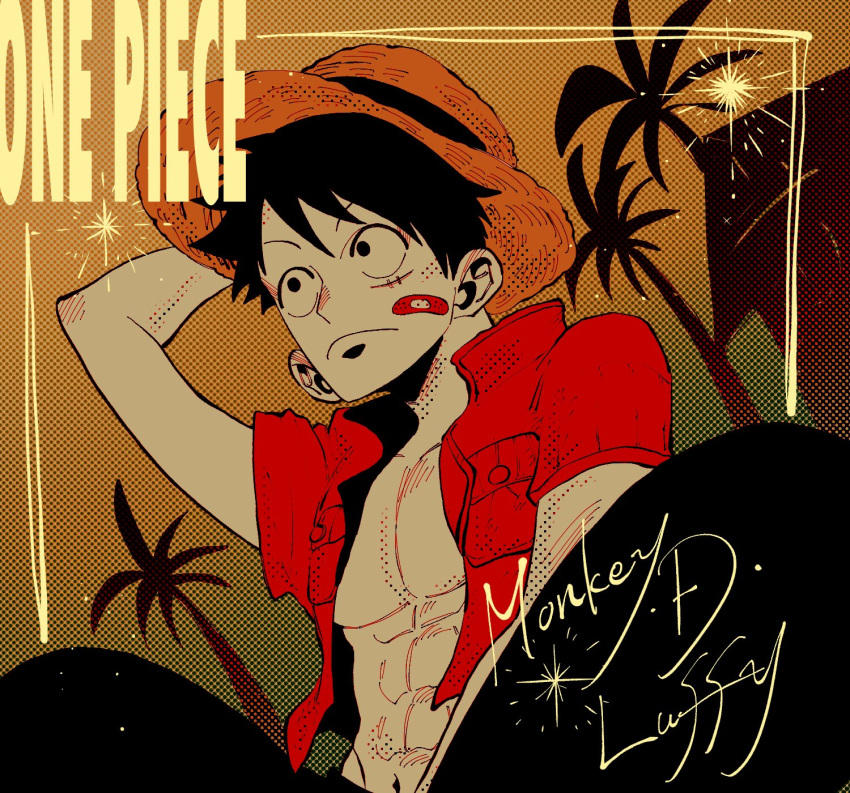 1boy abs bandaid bandaid_on_face black_eyes black_hair character_name closed_mouth commentary_request english_text hand_on_headwear hat highres larugo0513 male_focus monkey_d._luffy one_piece open_clothes red_shirt scar scar_on_cheek scar_on_face shirt short_hair short_sleeves solo straw_hat
