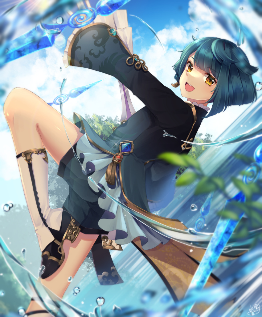 1boy :d black_footwear blue_coat blue_gemstone blue_hair blue_shorts blue_sky blurry boots cloud cloudy_sky coat coattails collar curtains ewokaku335 frilled_collar frilled_sleeves frills gem genshin_impact gold_trim highres holding holding_sword holding_weapon hydrokinesis jewelry knee_boots lens_flare light_particles light_rays looking_at_viewer looking_back open_mouth outdoors outstretched_arm short_hair short_shorts shorts sidelocks sky smile sparks standing standing_on_one_leg sunbeam sunlight sword tassel teeth tree two-tone_footwear upper_teeth_only water water_drop weapon white_footwear wide_sleeves xingqiu_(genshin_impact) yellow_eyes