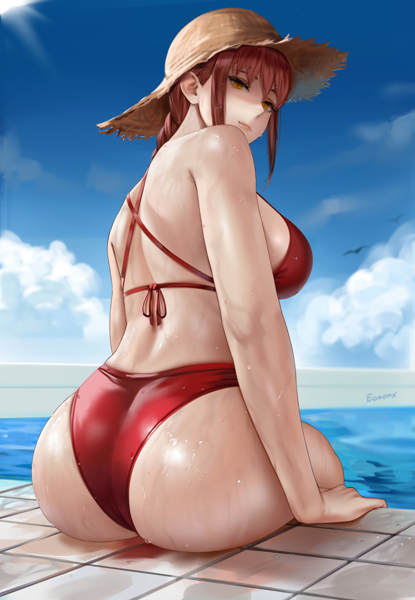 1girl alternate_costume ass bare_back bare_shoulders bikini blue_sky breasts chainsaw_man cloud cloudy_sky commentary_request easonx from_behind hat highres large_breasts makima_(chainsaw_man) medium_hair nape outdoors pool poolside red_bikini red_hair sky solo sun_hat swimsuit water wet