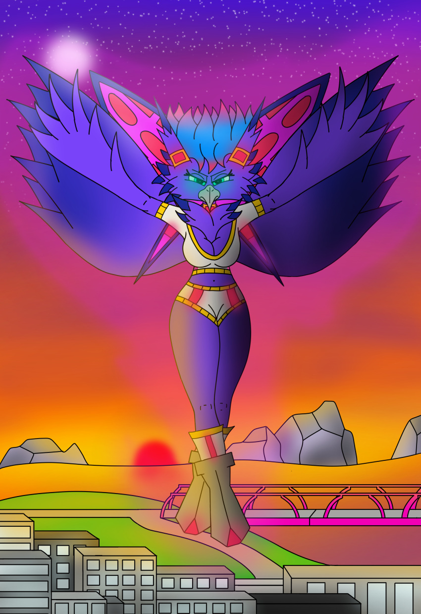 absurd_res anthro avian bird blue_eyes city city_background cityscape clothed clothing colored corvid corvus_(genus) detailed_background digital_drawing_(artwork) digital_media_(artwork) doubutsunosekai feathers female hair hi_res multicolored_body oscine pandora_(doubutsunosekai) passerine purple_body purple_feathers raven simple_background solo story story_in_description sunset two_tone_body wings