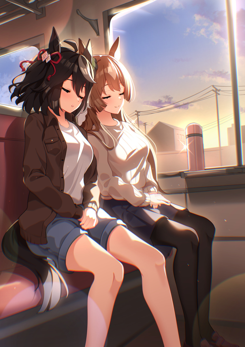 2girls absurdres ahoge animal_ears black_hair black_pantyhose blue_skirt blue_sky braid breasts brown_hair brown_jacket closed_eyes closed_mouth commentary_request denim denim_shorts french_braid grey_sweater hair_between_eyes highres horse_ears horse_girl horse_tail jacket kitasan_black_(umamusume) long_hair medium_breasts multicolored_hair multiple_girls outdoors pantyhose satono_diamond_(umamusume) short_hair shorts sitting skirt sky sleeping smile streaked_hair sunny_(20597521) sunset sweater tail train_interior two_side_up umamusume utility_pole very_long_hair white_hair white_shorts