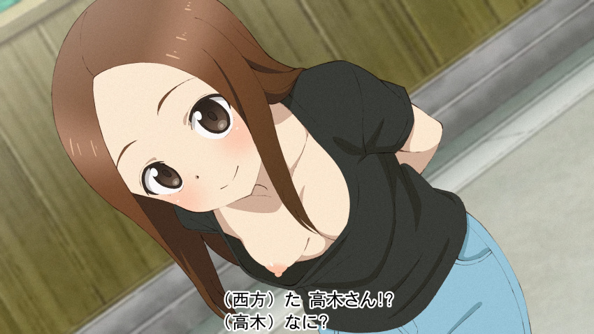 1girl anime_coloring arms_behind_back black_shirt blue_pants breasts brown_eyes brown_hair collarbone commentary_request cowboy_shot downblouse dutch_angle film_grain highres karakai_jouzu_no_(moto)_takagi-san karakai_jouzu_no_takagi-san kurage_kun_nano leaning_forward long_hair looking_at_viewer nipples no_bra pants parted_bangs road shirt short_sleeves small_breasts smile solo street subtitled takagi-san wardrobe_malfunction