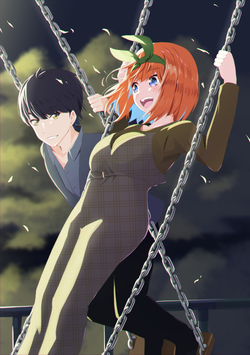 1boy 1girl :d absurdres antenna_hair black_hair black_pants blue_eyes blush brown_shirt chain collarbone collared_shirt commentary_request couple feet_out_of_frame floating_hair go-toubun_no_hanayome green_ribbon grey_shirt grin hair_between_eyes hair_ribbon happy hetero highres holding holding_chain looking_at_another medium_hair nakano_yotsuba open_mouth orange_hair outdoors overalls pants plaid_overalls ribbon shirt short_hair sidelighting smile standing standing_on_swing swing teeth uesugi_fuutarou upper_teeth_only v-shaped_eyebrows white_overalls yasuba_yuichi yellow_eyes