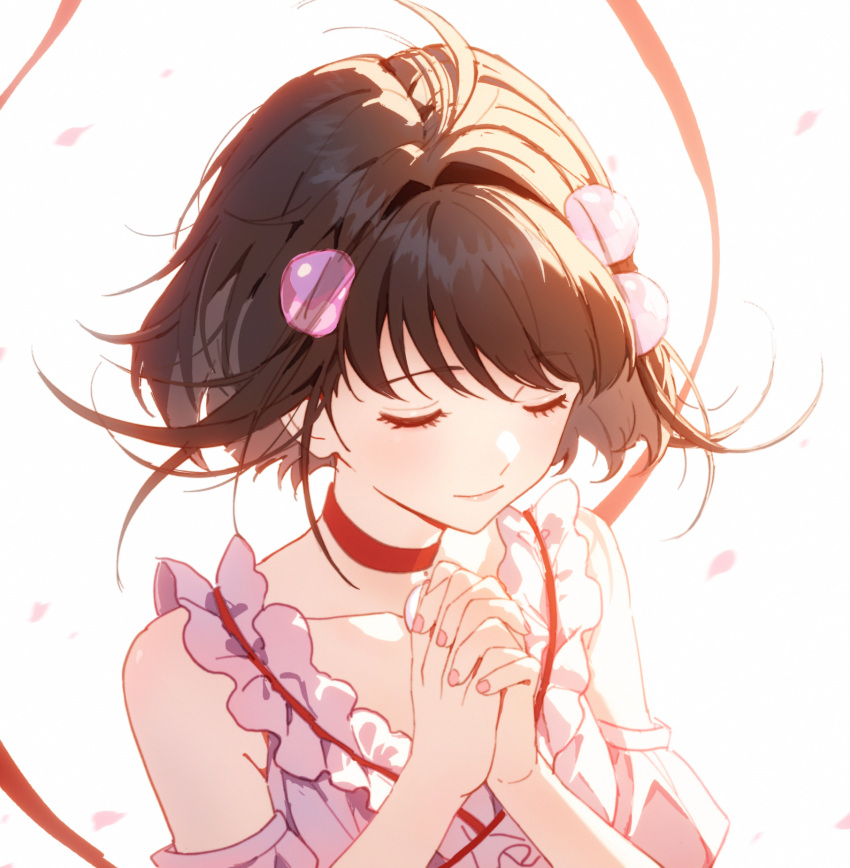 1girl black_hair choker closed_eyes dress hair_ornament highres interlocked_fingers lyra-kotto own_hands_together petals pink_dress praying reala_(tales) red_choker short_hair solo tales_of_(series) tales_of_destiny_2 upper_body white_background
