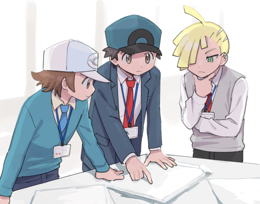 3boys adapted_costume ahoge alternate_costume baseball_cap blonde_hair brown_eyes brown_hair collared_shirt ear_piercing gladion_(pokemon) green_eyes hand_on_own_chin hat hilbert_(pokemon) id_card male_focus multiple_boys necktie piercing pointing pokemon pokemon_masters_ex pumpkinpan red_(pokemon) shirt