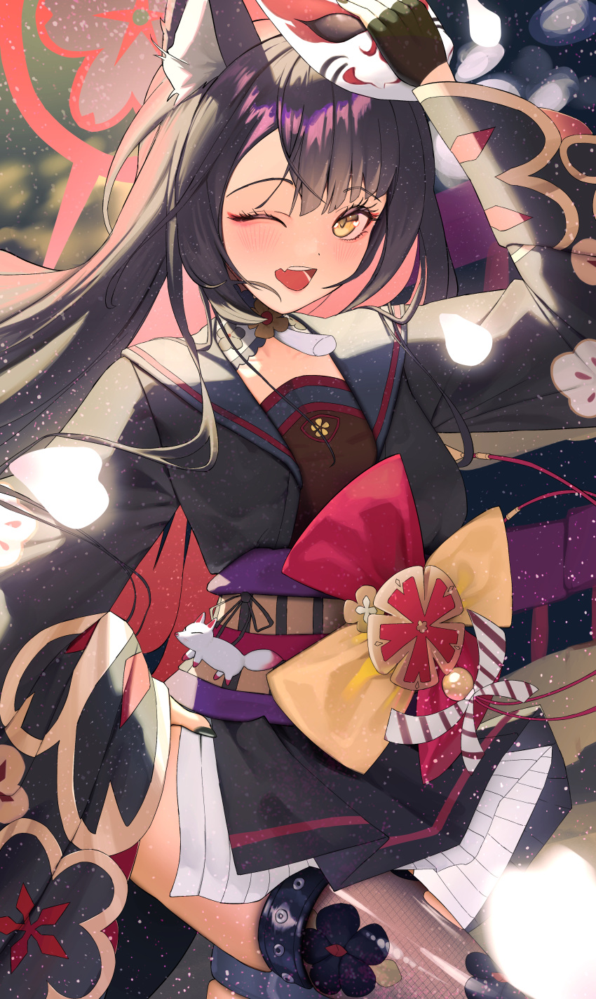 1girl absurdres animal_ear_fluff animal_ears black_gloves black_hair black_kimono black_nails black_thighhighs blue_archive blush colored_inner_hair fang fingerless_gloves fingernails fox_ears fox_mask gloves halo highres japanese_clothes kenka_(user_hrjm2543) kimono long_hair long_sleeves looking_at_viewer mask multicolored_hair nail_polish obi one_eye_closed open_mouth red_hair red_halo sash skin_fang smile solo thighhighs wakamo_(blue_archive) wide_sleeves yellow_eyes