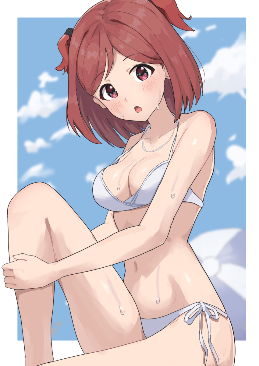 1girl aoba_misaki ball bare_shoulders beachball bikini blush breasts cleavage cloud cloudy_sky collarbone dot_nose ebifu hair_tie highres holding_own_leg idolmaster idolmaster_million_live! idolmaster_million_live!_theater_days looking_at_viewer navel open_mouth parted_bangs red_eyes red_hair short_hair side-tie_bikini_bottom sitting sky solo sweat swimsuit thighs two_side_up water_drop white_bikini