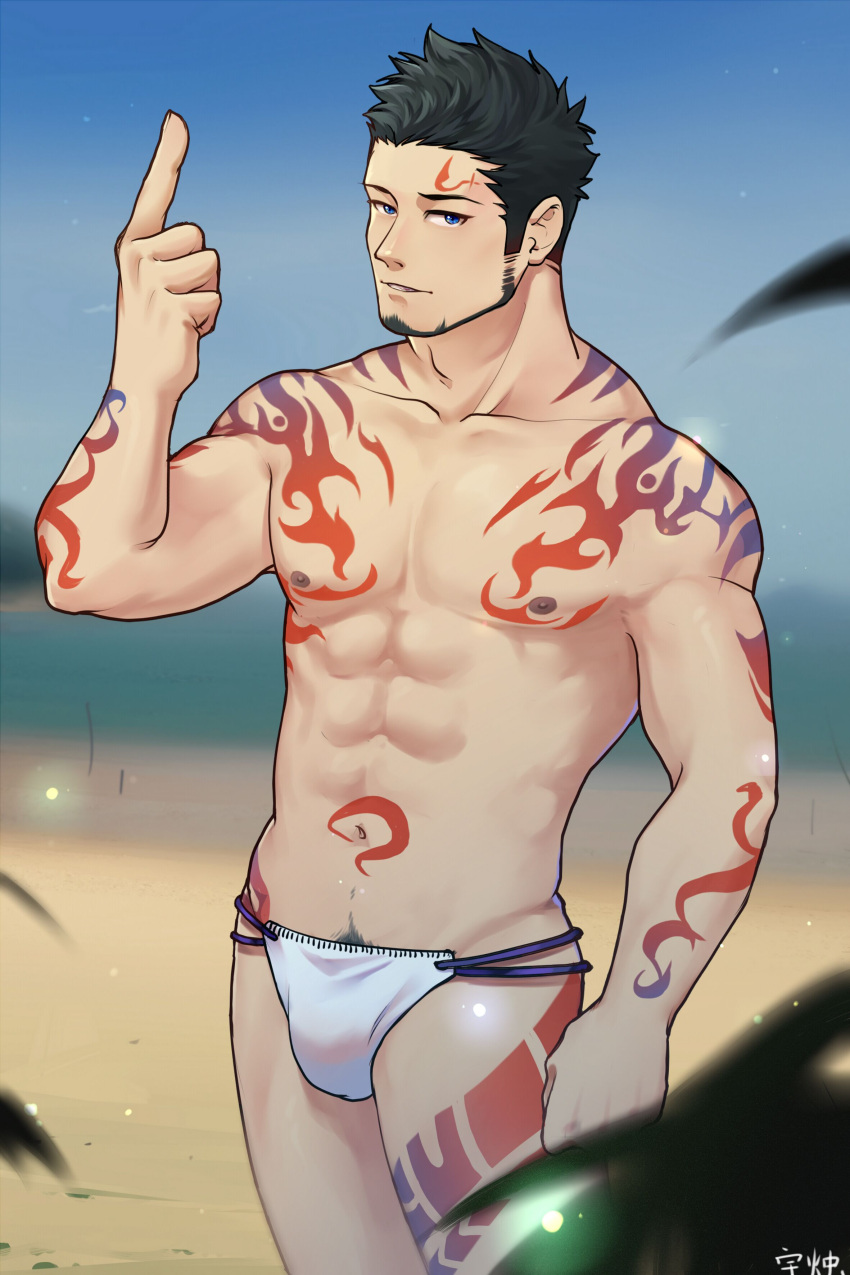 1boy abs absurdres artist_request bara beach beard black_hair bulge chest_tattoo cowboy_shot facial_hair full_beard green_eyes highres looking_at_viewer male_focus male_swimwear mature_male navel navel_hair nipples pectorals priapus priapus_a._tarou short_hair smile solo standing stomach swim_briefs tattoo toned toned_male topless_male tsurime white_male_swimwear