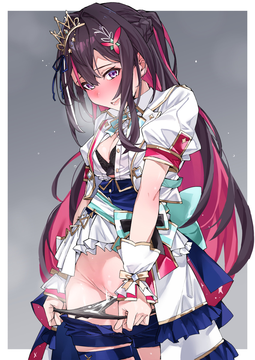 1girl absurdres azki_(hololive) black_bra black_hair black_panties blue_shorts blush bow bowtie bra breasts cleavage colored_inner_hair corset cum cum_in_pussy cum_on_clothes hair_between_eyes hair_ornament highres hololive hololive_idol_uniform_(bright) idol idol_clothes jacket long_hair looking_at_viewer medium_breasts multicolored_hair open_mouth panties panty_pull pink_hair puffy_short_sleeves puffy_sleeves purple_eyes pussy sash shirt short_sleeves shorts solo streaked_hair thigh_strap underbust underwear virtual_youtuber white_hair white_jacket white_shirt wrist_cuffs yuukauta