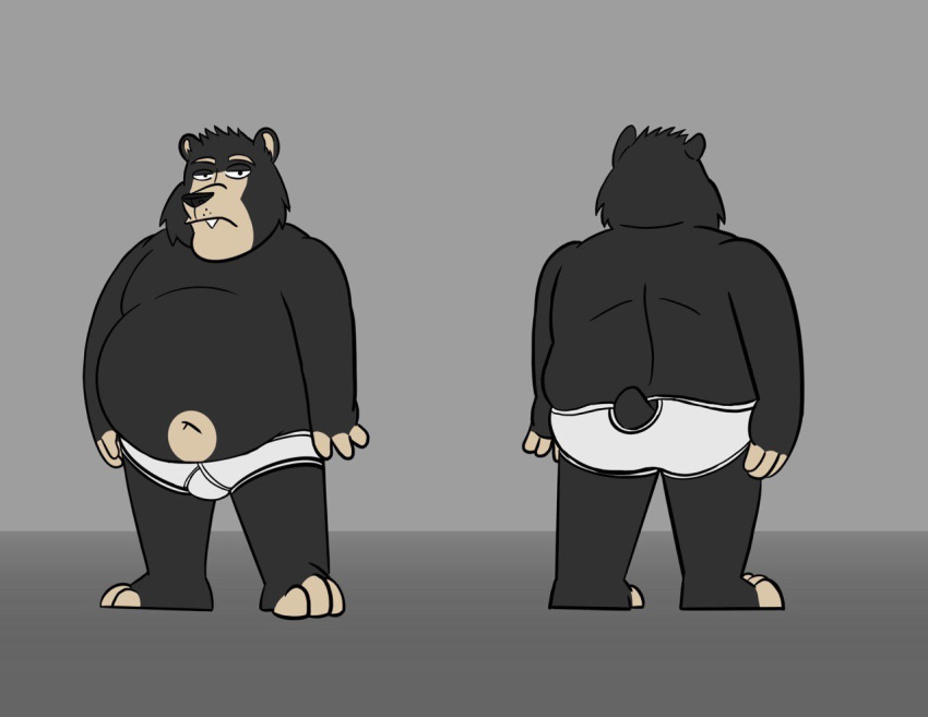 anthro barefoot bear black_body black_fur black_nose bottomwear briefs briefs_only bulge butt clothed clothing dom_(foxmanad) feet footwear foxmanad frown fur grey_background half-closed_eyesmale male mammal monotone_briefs monotone_clothing monotone_underwear narrowed_eyes overweight overweight_male shoes shorts simple_background solo teeth_showing tighty_whities topless underwear underwear_only white_briefs white_clothing white_underwear y-fronts