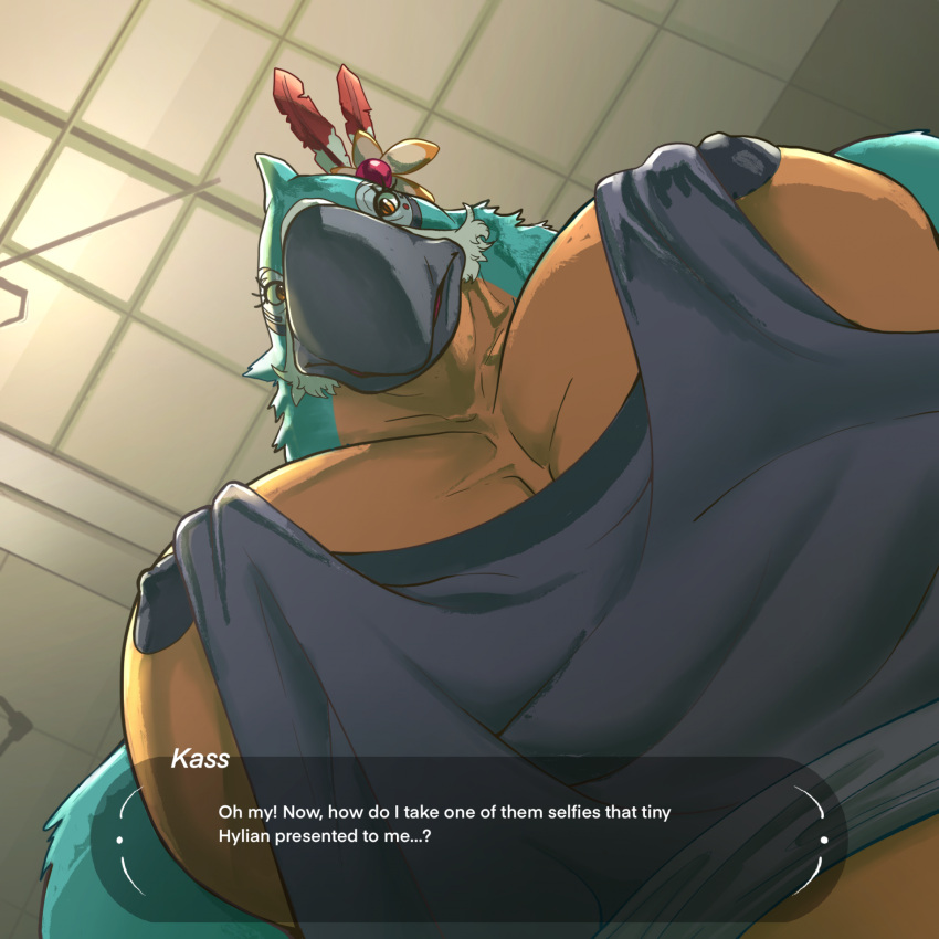 anthro areola avian barazoku beak big_areola big_pecs blue_body breath_of_the_wild clothing dialogue dialogue_box feathers hi_res huge_pecs humor kass_(tloz) looking_at_viewer looking_down looking_down_at_viewer male meme muscular muscular_male nintendo nipples orange_body orange_eyes pecs shirt solo stare steen tank_top text the_legend_of_zelda topwear