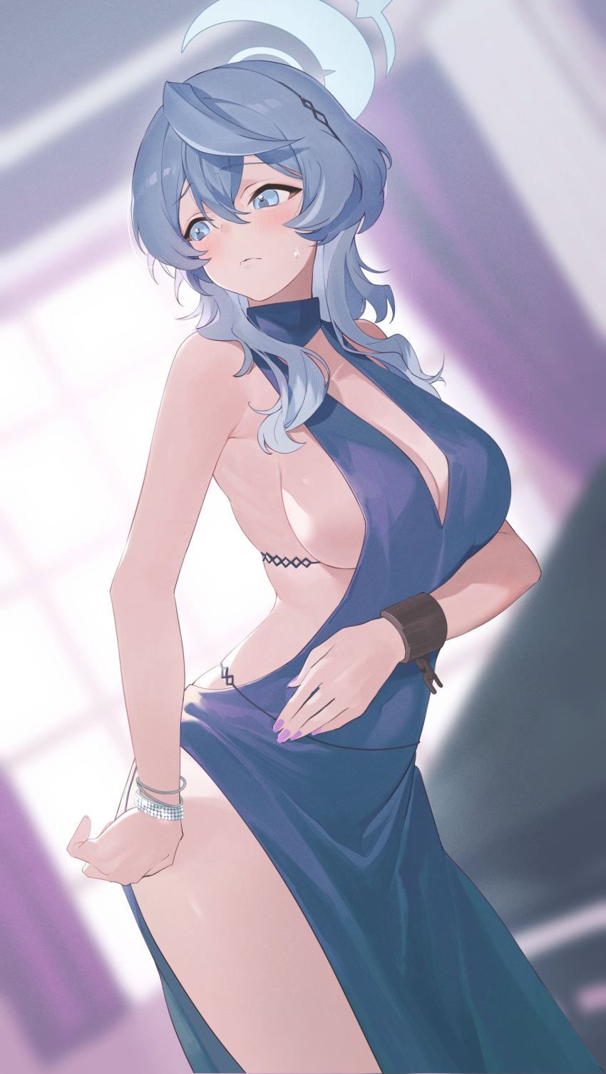 1girl absurdres ako_(blue_archive) ako_(dress)_(blue_archive) ao_tsukushi bare_shoulders blue_archive blue_dress blue_eyes blue_hair blue_halo blurry blurry_background blush bracelet breasts cleavage cowboy_shot cuffs dress evening_gown halo halter_dress halterneck highres jewelry large_breasts long_hair low_neckline official_alternate_costume pink_nails shackles sideboob sideless_dress sideless_outfit sleeveless sleeveless_dress solo sweatdrop thighs