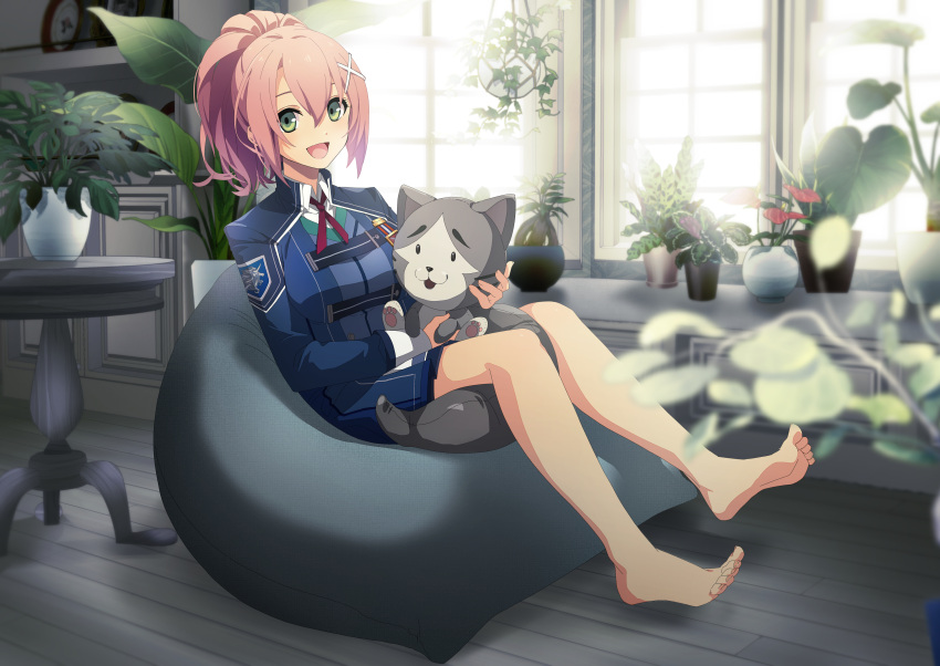 1girl :d absurdres aco_(bearchannel) barefoot blue_jacket blurry blush commentary_request commission day depth_of_field eiyuu_densetsu eyebrows_hidden_by_hair feet full_body green_eyes hair_between_eyes hair_ornament happy highres holding holding_stuffed_toy indoors jacket juna_crawford knees_together_feet_apart long_sleeves looking_at_viewer medium_hair open_mouth pink_hair pixiv_commission plant ponytail potted_plant sen_no_kiseki sen_no_kiseki_iii sidelighting sitting smile soles solo stuffed_animal stuffed_cat stuffed_toy sunlight toes window x_hair_ornament