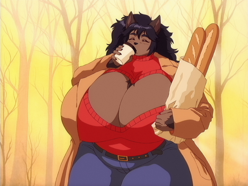 anthro autumn belt big_breasts black_hair blue_bottomwear blue_clothing blue_pants bottomwear bread breasts brown_body brown_clothing brown_coat brown_fur brown_topwear canid canine canis cleavage clothed clothing coat container cup drinking eyes_closed female fenrie_(fenrir_brown) fenrir_brown food fur hair hi_res holding_bag holding_container holding_cup holding_object huge_breasts mammal pants plant red_clothing solo standing topwear tree wolf