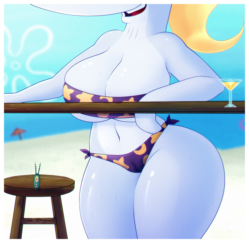 1_eye antennae_(anatomy) anthro beach beverage big_breasts bikini blonde_hair bodily_fluids breasts camel_toe cetacean clothing duo faceless_anthro faceless_character faceless_female faceless_male female furniture green_body green_skin grey_body grey_skin hair hi_res male mammal marine nickelodeon pearl_krabs plankton_(species) purple_bikini purple_clothing purple_swimwear sheldon_j._plankton sirredbenjamin size_difference smile spongebob_squarepants stool sweat swimwear thick_thighs wide_hips