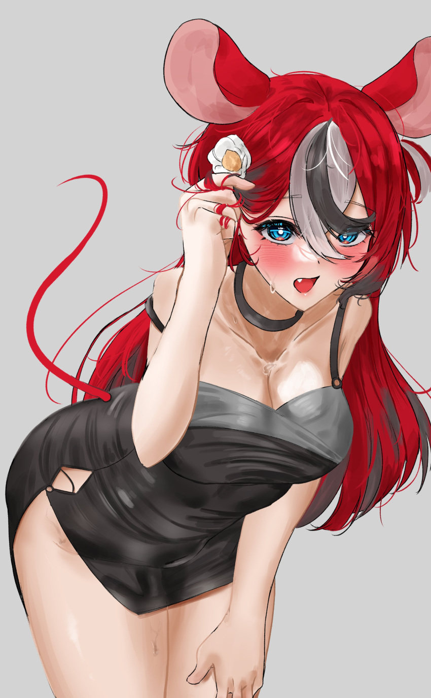 1girl absurdres animal_ears bare_legs black_choker black_dress blue_eyes blush breasts choker cleavage collarbone dress english_commentary fang flower grey_background hair_between_eyes hair_flower hair_ornament hakos_baelz hand_in_own_hair hand_on_own_thigh highres hololive hololive_english leaning_forward long_hair looking_at_viewer makiiichi medium_breasts mouse_ears mouse_tail multicolored_hair off_shoulder open_mouth red_hair simple_background sleeveless sleeveless_dress solo strap streaked_hair sweat tail virtual_youtuber
