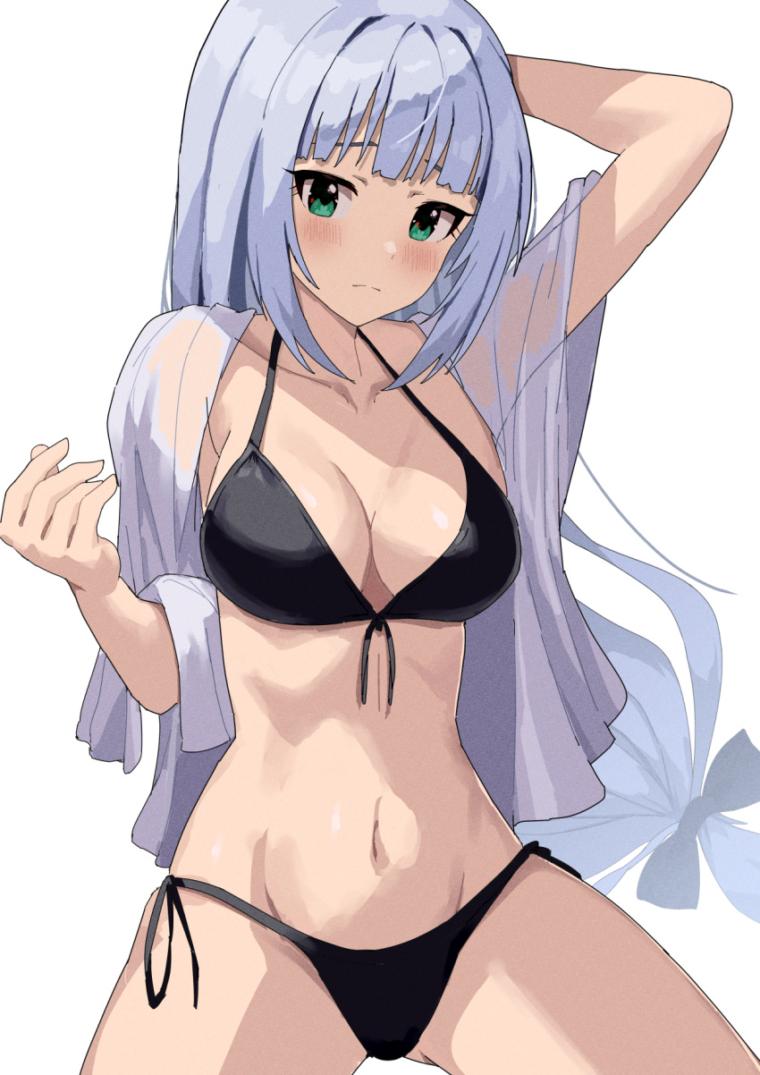 1girl bikini black_bikini blue_hair blunt_bangs blush breasts cleavage closed_mouth collarbone cowboy_shot ebifu embarrassed eyelashes front-tie_bikini_top front-tie_top furrowed_brow green_eyes hair_ribbon hand_on_own_head highres idolmaster idolmaster_million_live! idolmaster_million_live!_theater_days large_breasts long_hair navel ribbon shiraishi_tsumugi shy side-tie_bikini_bottom sidelocks simple_background solo swimsuit thighs towel towel_around_neck very_long_hair white_background