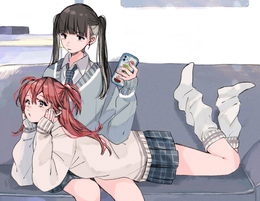 2girls black_eyes black_hair blue_necktie blue_skirt blue_sweater blush cellphone collared_shirt colored_inner_hair commentary_request couch couple ear_piercing earrings grey_hair grey_sweater hair_between_eyes head_rest highres holding holding_phone inkya_gyaru_demo_ikigaritai! jewelry kashiwagi_tsukiko kuran_arisa long_hair long_sleeves lying lying_on_lap multicolored_hair multiple_girls necktie no_shoes ogino_ichiko on_couch on_lap parted_lips phone piercing pink_hair plaid plaid_necktie plaid_skirt pleated_skirt red_eyes school_uniform shirt skirt sleeves_past_wrists smartphone sweater twintails two-tone_hair two_side_up white_leg_warmers white_shirt yuri