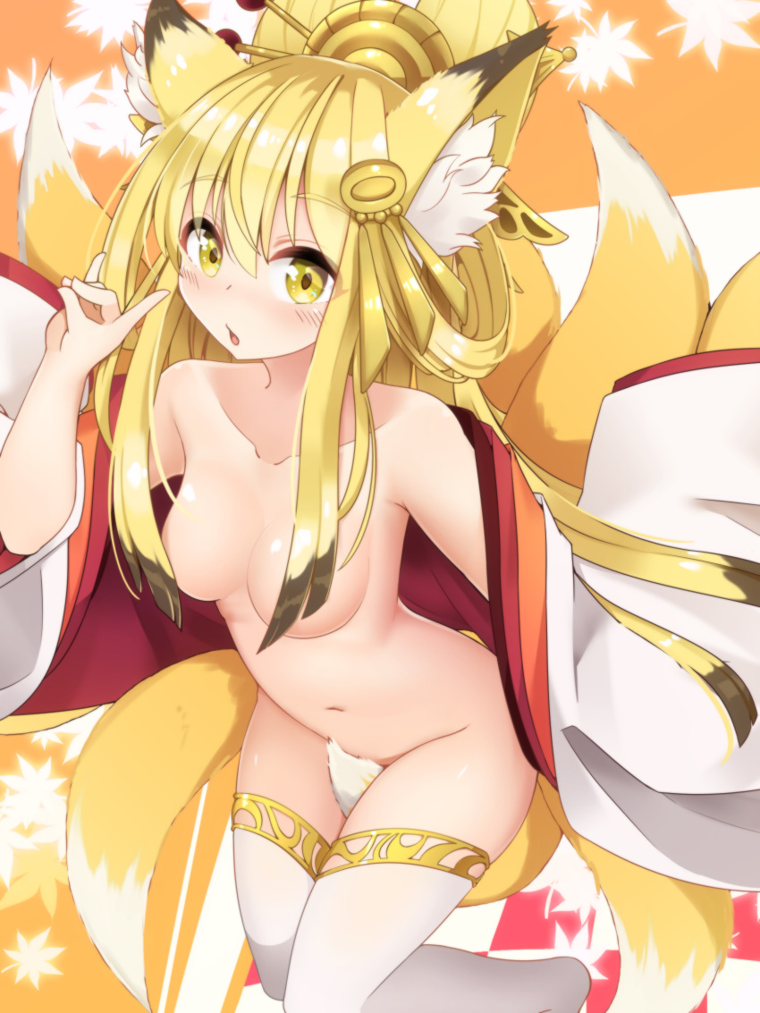 1girl animal_ear_fluff animal_ears blonde_hair blush breasts collarbone fox_ears fox_girl fox_shadow_puppet fox_tail hair_censor hair_over_breasts highres himeyuri_(nyanko_daisensou) multicolored_hair multiple_tails navel nyanko_daisensou solo tail tail_censor thighhighs twin-7646 white_thighhighs yellow_eyes