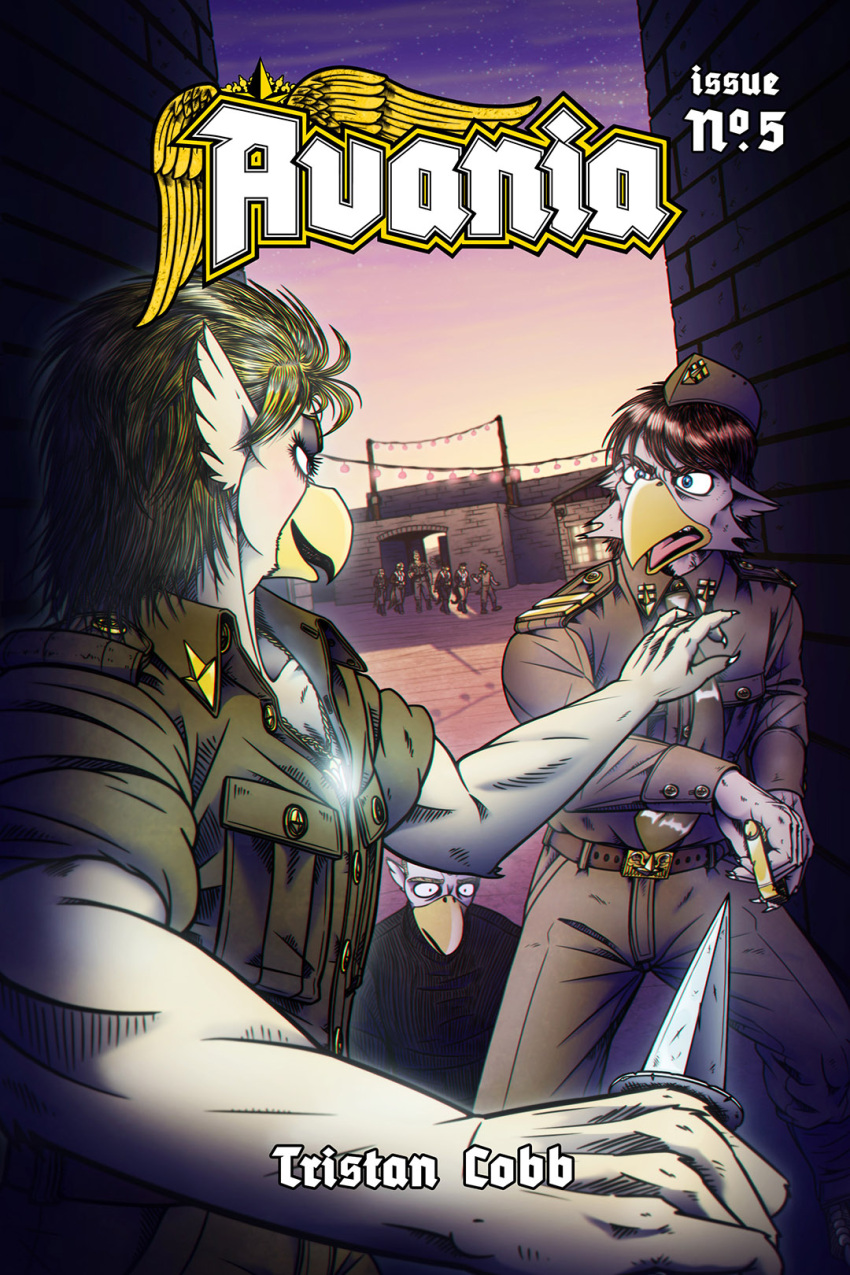 2020 5_fingers alley anthro artist_name avian beak bird blonde_hair claws clothed clothing colored comic cover cover_art cover_page english_text eyelashes female fight fingers group hair hat headgear headwear hi_res jewelry knife male necklace outside short_hair text tristikov