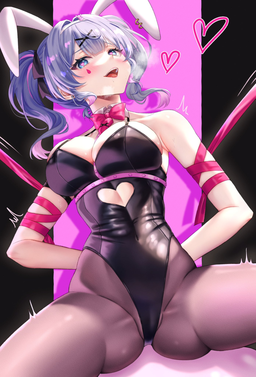 1girl animal_ears arms_behind_back bare_shoulders black_leotard blue_eyes blue_hair blush bound bow bowtie breasts clothing_cutout collarbone covered_navel cowboy_shot cutout_above_navel detached_collar drooling hair_ornament hairband hatsune_miku heart heart-shaped_pupils heart_cutout highleg highleg_leotard highres large_breasts leotard looking_at_viewer mary_is_mine medium_hair multicolored_hair necktie open_mouth pantyhose pink_background pink_bow pink_bowtie pink_hair pink_necktie pink_ribbon rabbit_ears rabbit_hair_ornament rabbit_hole_(vocaloid) revealing_clothes ribbon solo spaghetti_strap streaked_hair symbol-shaped_pupils teardrop_facial_mark teeth tied_up_(nonsexual) tongue twintails twitching upper_teeth_only vocaloid white_hairband x_hair_ornament