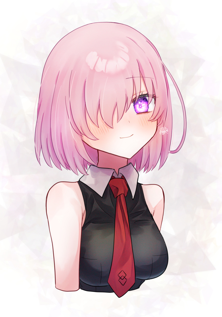 1girl absurdres black_shirt breasts closed_mouth collared_shirt cropped_arms cropped_torso fate/grand_order fate_(series) hair_over_one_eye harukappa highres mash_kyrielight medium_breasts medium_hair necktie pink_eyes pink_hair red_necktie shirt sleeveless sleeveless_shirt smile solo straight_hair upper_body white_background wing_collar