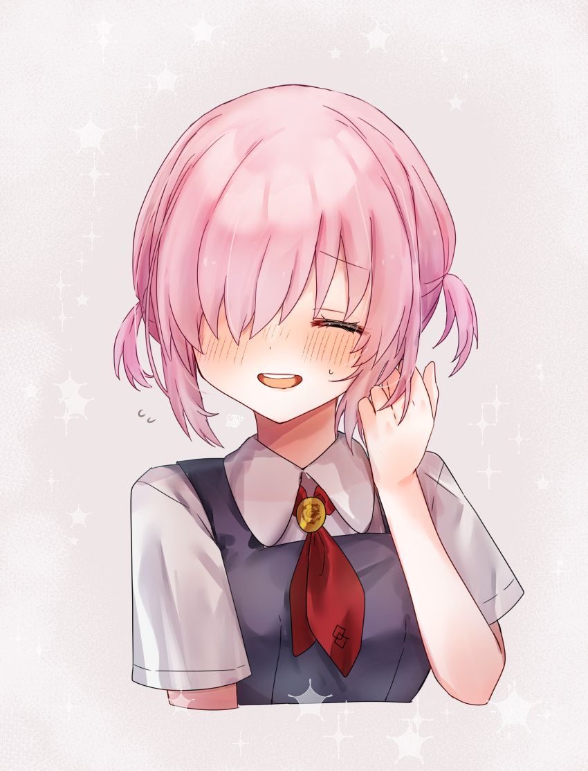 1girl ^_^ absurdres alternate_hairstyle blush closed_eyes collared_shirt cropped_arms cropped_torso facing_viewer fate/grand_order fate_(series) grey_background grey_vest harukappa highres mash_kyrielight necktie pink_hair red_necktie shirt short_hair short_sleeves solo sweatdrop two_side_up upper_body vest white_shirt wing_collar