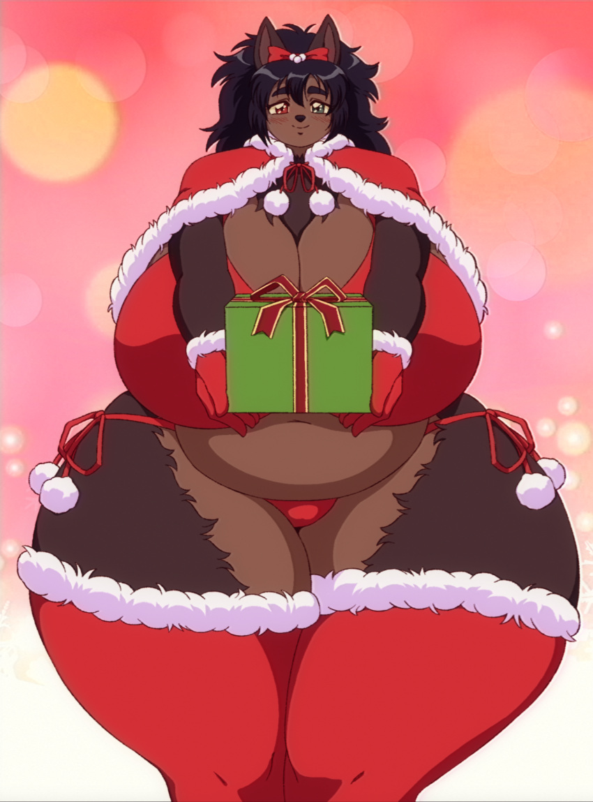 anthro belly big_breasts bikini black_hair black_nose breasts brown_body brown_fur canid canine canis christmas christmas_clothing clothing curvy_figure eyebrows female fenrie_(fenrir_brown) fenrir_brown fur gift_box gloves green_eyes hair handwear heterochromia hi_res holidays huge_breasts legwear mammal navel offering_gift overweight overweight_female red_bikini red_clothing red_gloves red_handwear red_legwear red_ribbon red_swimwear smile solo standing swimwear thick_eyebrows thick_thighs voluptuous wide_hips wolf