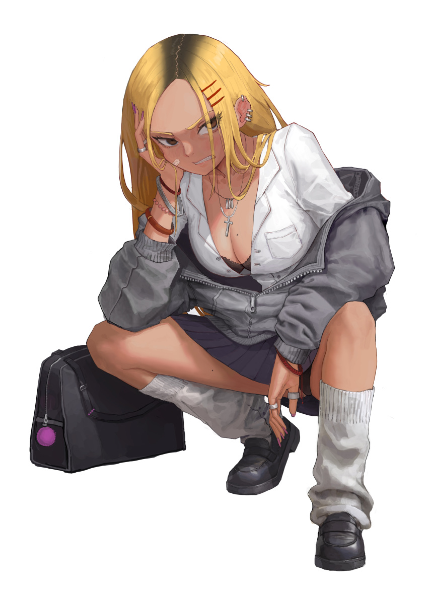 1girl absurdres bandaid bandaid_on_face black_bag black_bra black_footwear blonde_hair blue_skirt blush bra bra_peek bracelet breast_pocket breasts cho_gum cleavage clenched_teeth cross cross_necklace dark-skinned_female dark_skin ear_piercing eyes_visible_through_hair full_body grey_jacket gyaru hair_ornament hairclip hand_on_own_cheek hand_on_own_face hand_up highres jacket jewelry kogal large_breasts long_hair long_sleeves loose_socks miniskirt mole mole_on_breast mole_on_thigh multicolored_hair nail_polish necklace open_clothes open_jacket original partially_unzipped piercing pleated_skirt pocket purple_nails ring roots_(hair) school shirt shoes simple_background skirt socks solo squatting teeth tsurime underwear white_background white_shirt white_socks yellow_eyes zipper_pull_tab