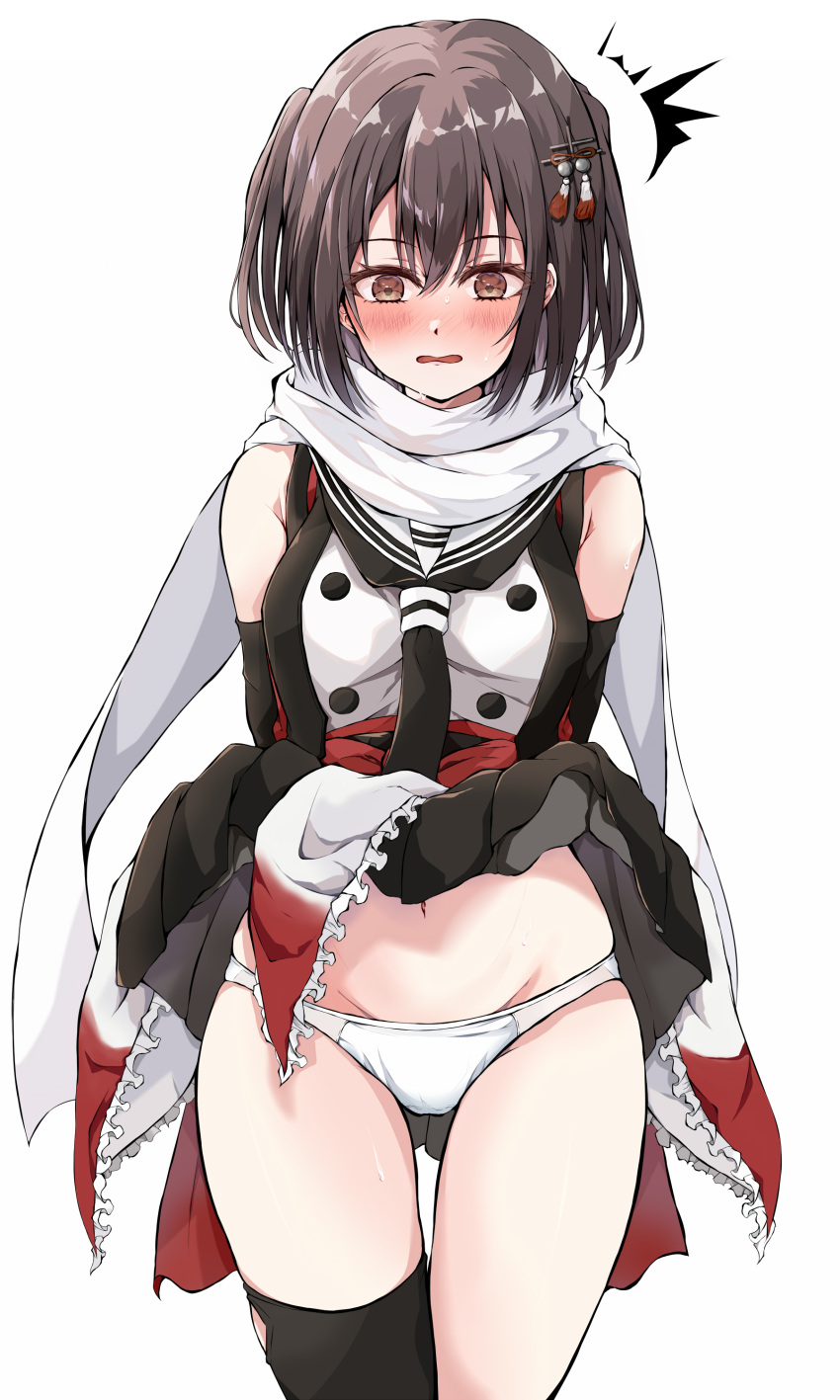1girl ^^^ absurdres asymmetrical_legwear black_gloves black_hair black_neckerchief black_skirt black_thighhighs blush brown_eyes buttons clothes_lift commission dairyo3 double-breasted elbow_gloves gloves highres kantai_collection looking_down neckerchief nose_blush open_mouth red_shirt sailor_collar scarf school_uniform sendai_(kancolle) sendai_kai_ni_(kancolle) serafuku shirt short_hair simple_background single_thighhigh skeb_commission skirt skirt_lift sleeveless sleeveless_shirt solo thighhighs two_side_up uneven_legwear white_background white_sailor_collar white_scarf wind wind_lift